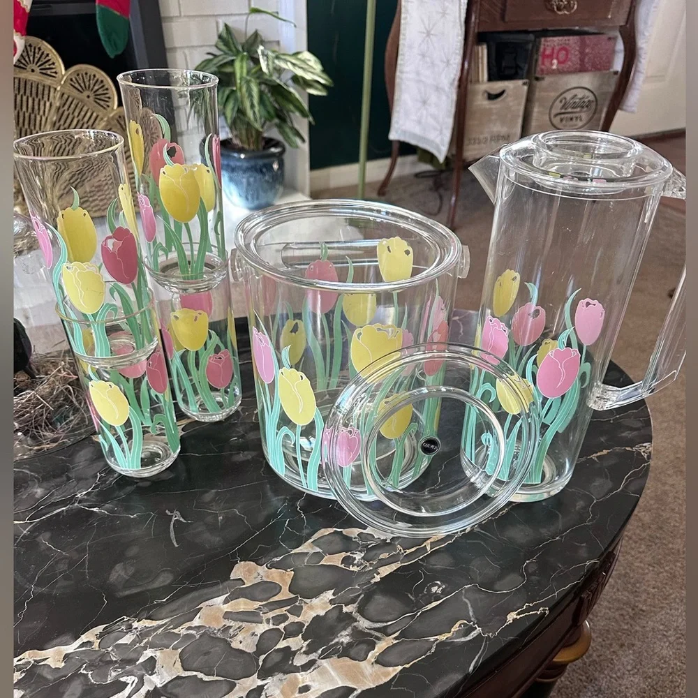 Vintage Culver Acrylic Spring Tulips 🌷 Patio Set Tumblers Ice Bucket Pitcher